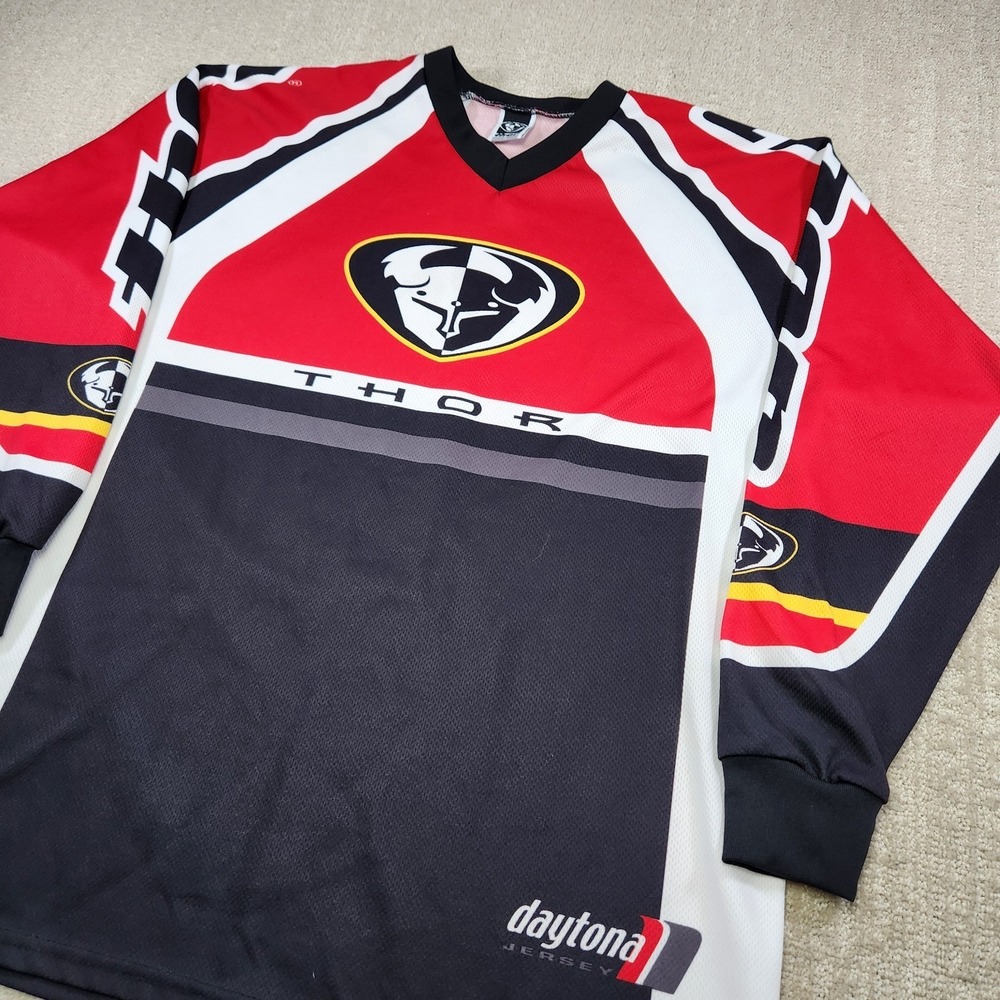 Vintage 90s Thor Racing Jersey Men Large Daytona Red USA Made Dirtbike Motocross